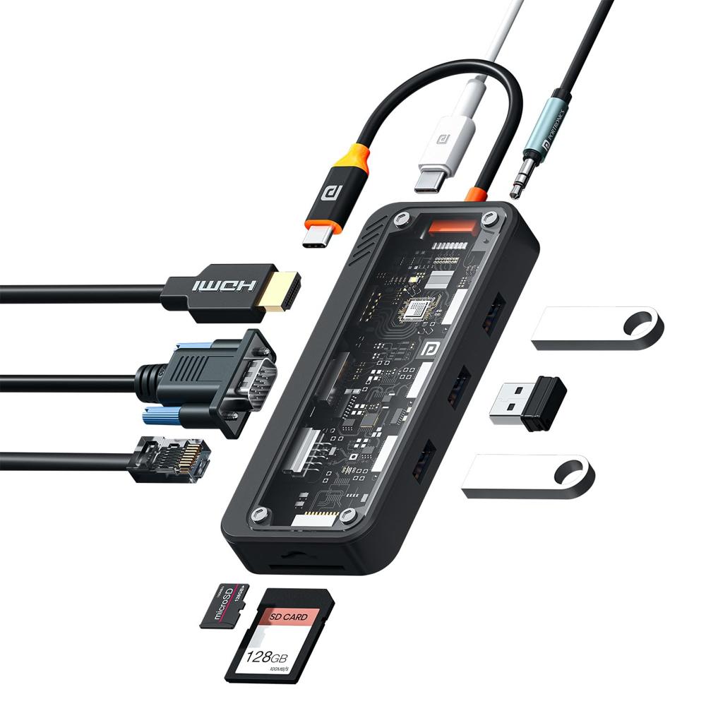 Portronics Mport View Three 10-In-1 Usb-C Docking Station 100 W Pd Charging 4K Hdmi Vga Rj45 Ethernet - Color: Black