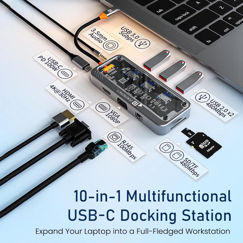 Portronics MPort View Three 10-in-1 USB-C Docking Station, 100 W PD Charging, 4K HDMI, VGA, RJ45 Ethernet,