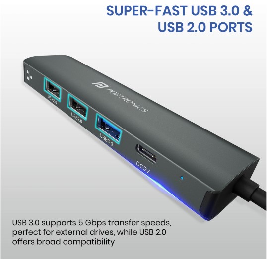 Portronics Mport Edge,5 Ports Dual USB Hub Dock, Superfast USB 3.0, High Speed 2.0, Type-C 5V2A Port, 100 Mbps RJ45