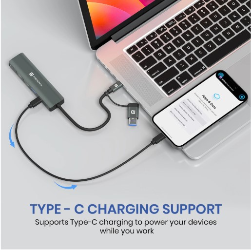 Portronics Mport Edge,5 Ports Dual USB Hub Dock, Superfast USB 3.0, High Speed 2.0, Type-C 5V2A Port, 100 Mbps RJ45
