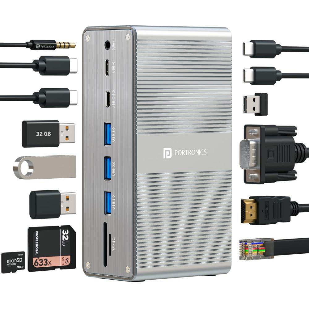 Portronics Mport Vault 13-in-1 USB-C Metal Docking Station, 100W PD Charging, 4K@30Hz