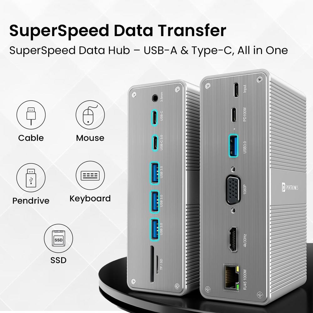 Portronics Mport Vault 13-in-1 USB-C Metal Docking Station, 100W PD Charging, 4K@30Hz