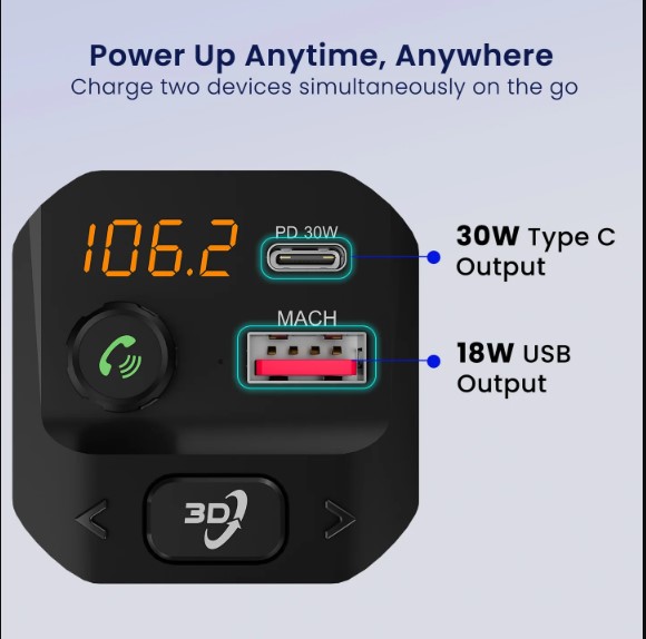 PORTRONICS AUTO 10 PLUS 30W Type-C PD |18W USB |Hands-Free Calling & Music