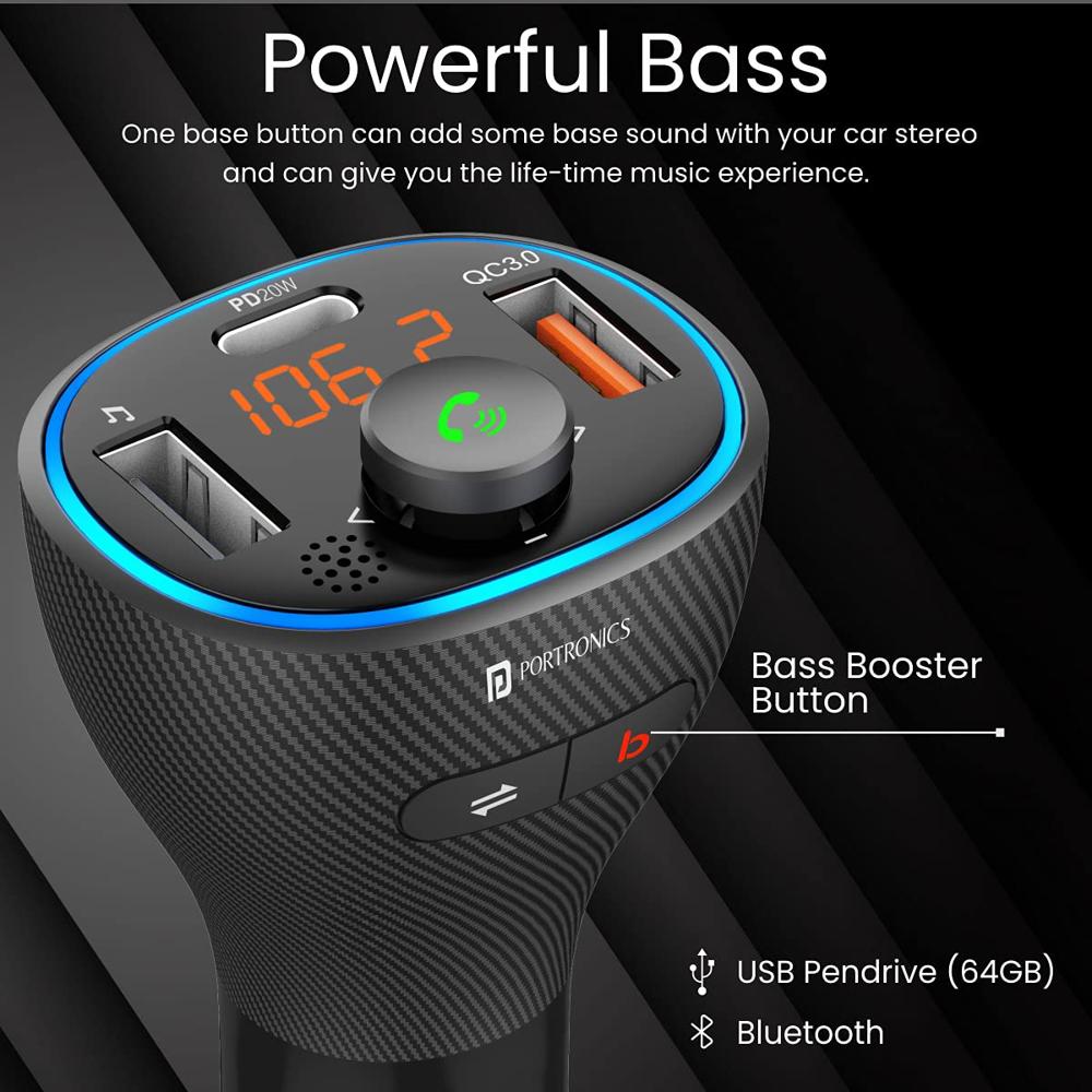 Portronics Auto 15 Bluetooth - FMTransmitter in-Car Radio Adapter for Hands-Free Calling, Music
