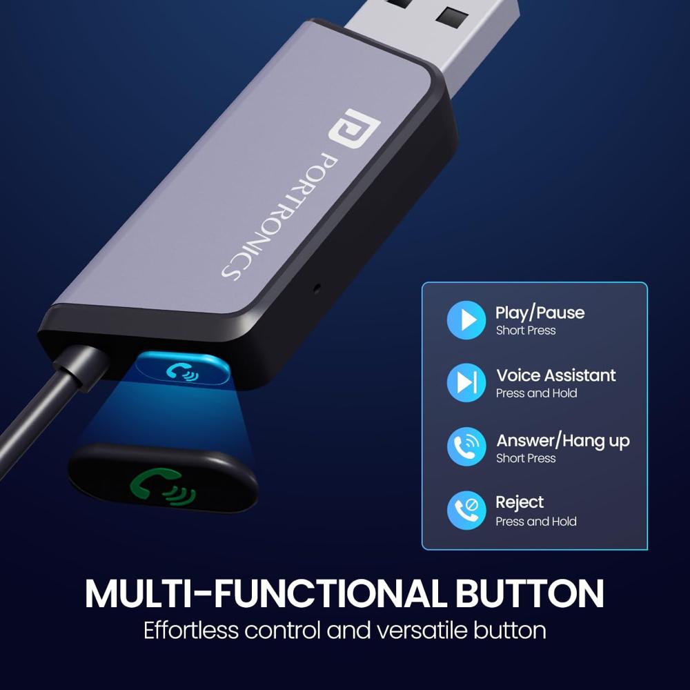 Portronics Auto 21 Car Bluetooth Receiver with Hands-Free Calling, Playing Music, 85 cm Coiled Cable