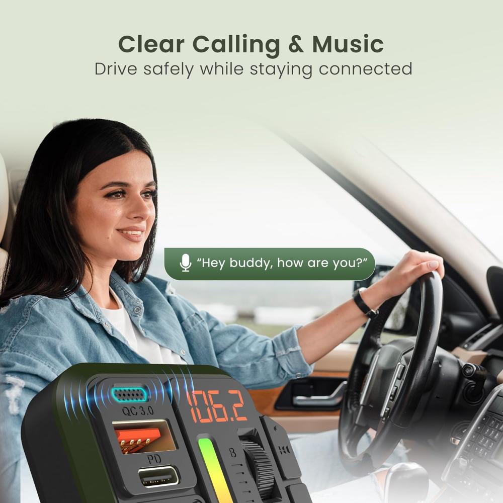 Portronics Auto 22 Car Bluetooth Receiver with Hands-Free Calling & Music, 20W Type-C PD, 18W USB Fast Charging, Bass & Treble