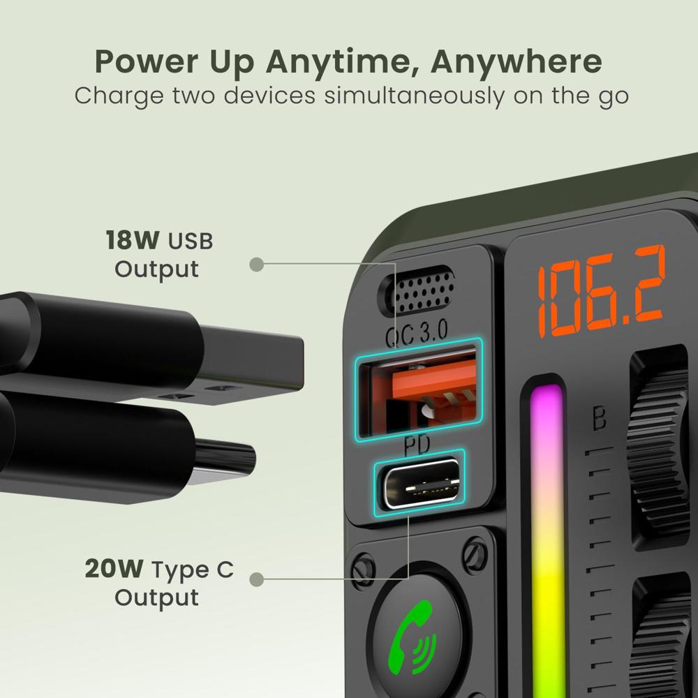 Portronics Auto 22 Car Bluetooth Receiver with Hands-Free Calling & Music, 20W Type-C PD, 18W USB Fast Charging, Bass & Treble