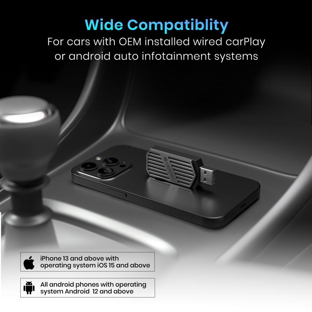 Portronics Tune, 2-in-1 Wireless Car Receiver, Converts Wired Auto Android & CarPlay to Wireless, Bluetooth Connectivity, Only for