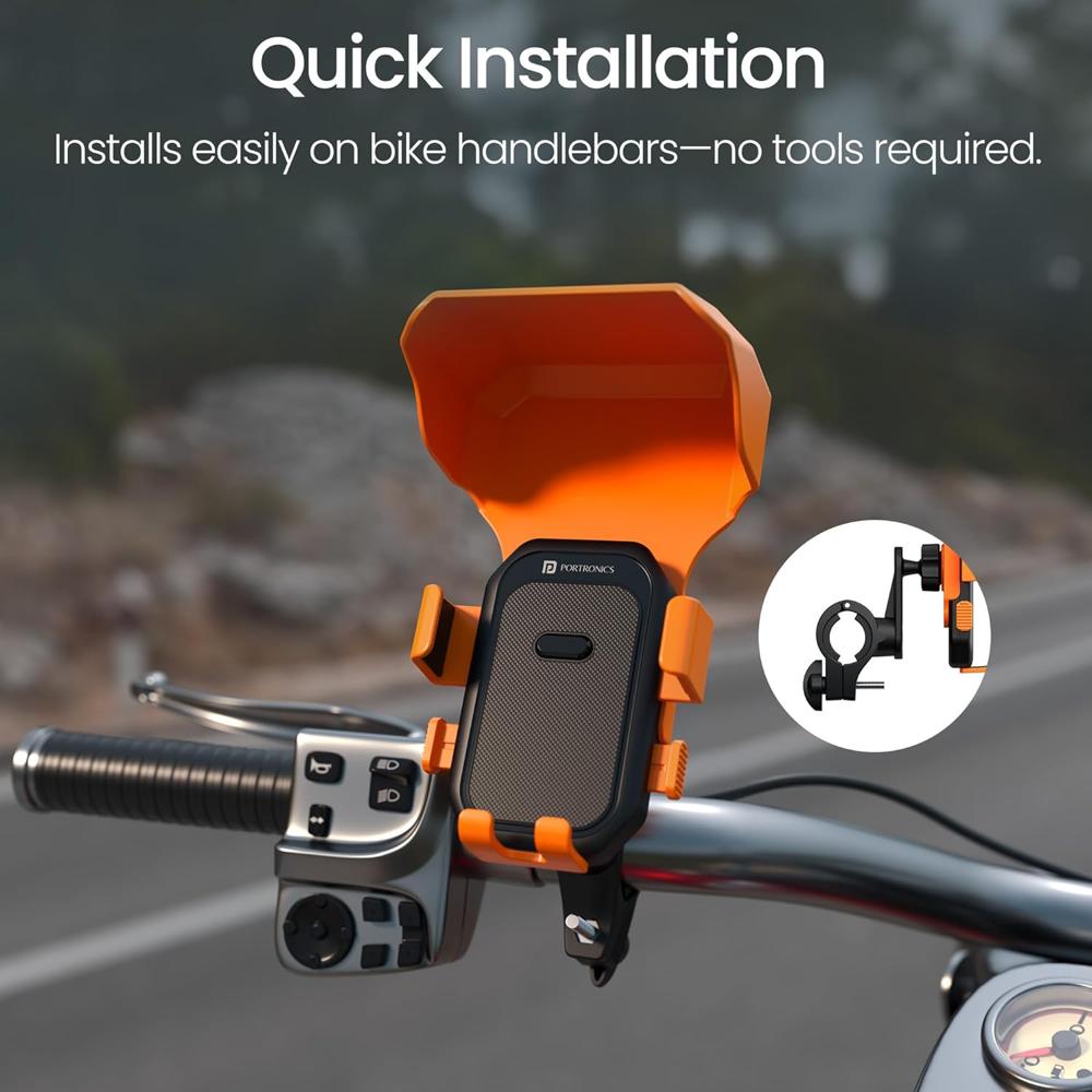 Portronics Mobike 4 Plus Handlebar Mount Mobile Holder with Sunshade & Light Rain Prote