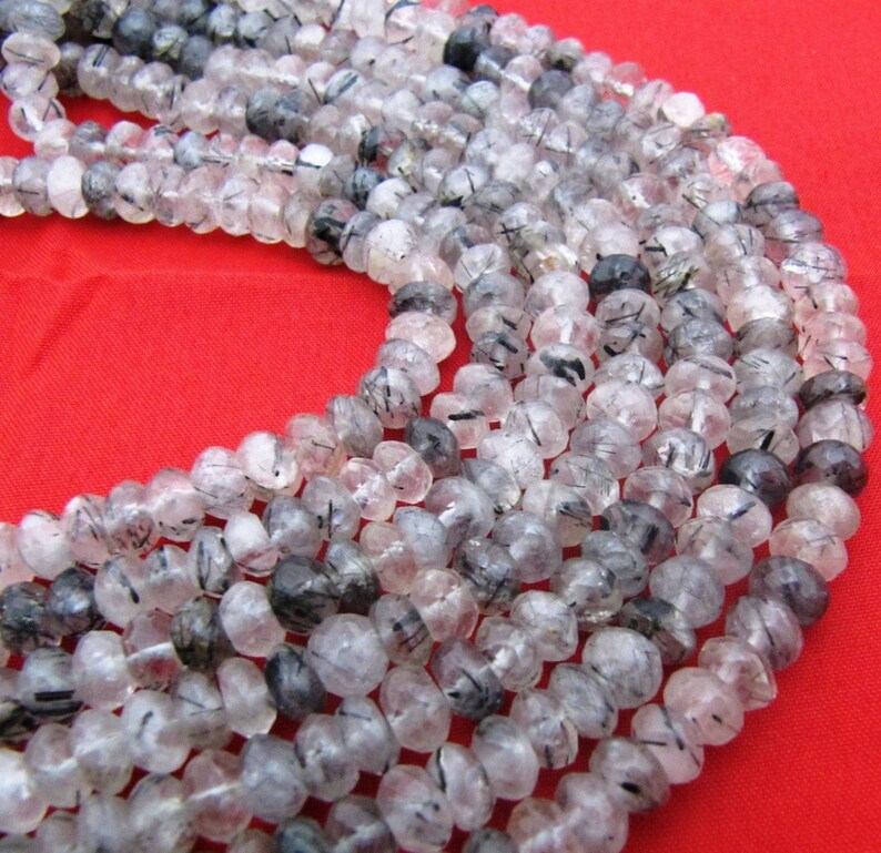 Natural Genuine Black Rutilated Quartz Rondelle Faceted Beads Size 7-8mm Sold per Strand of 13inch Long