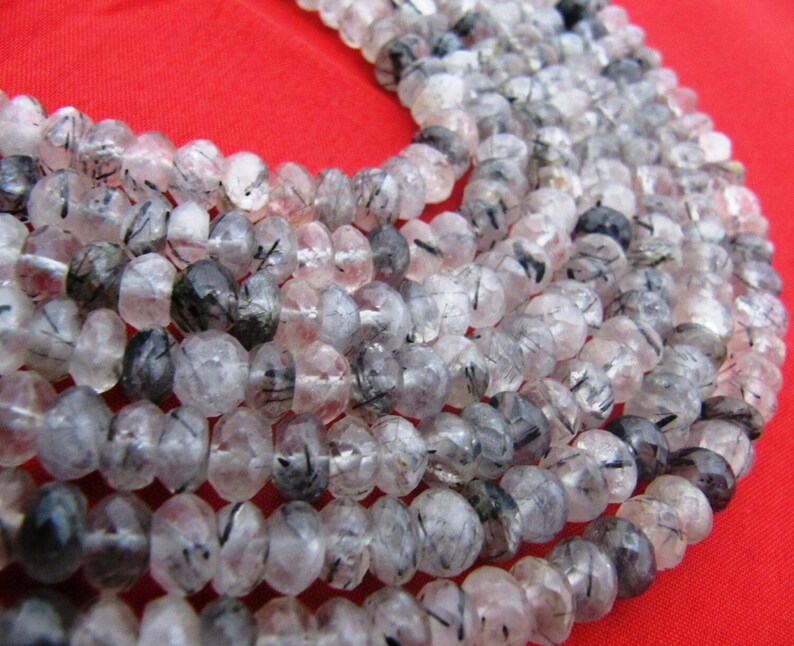 Natural Genuine Black Rutilated Quartz Rondelle Faceted Beads Size 7-8mm Sold per Strand of 13inch Long