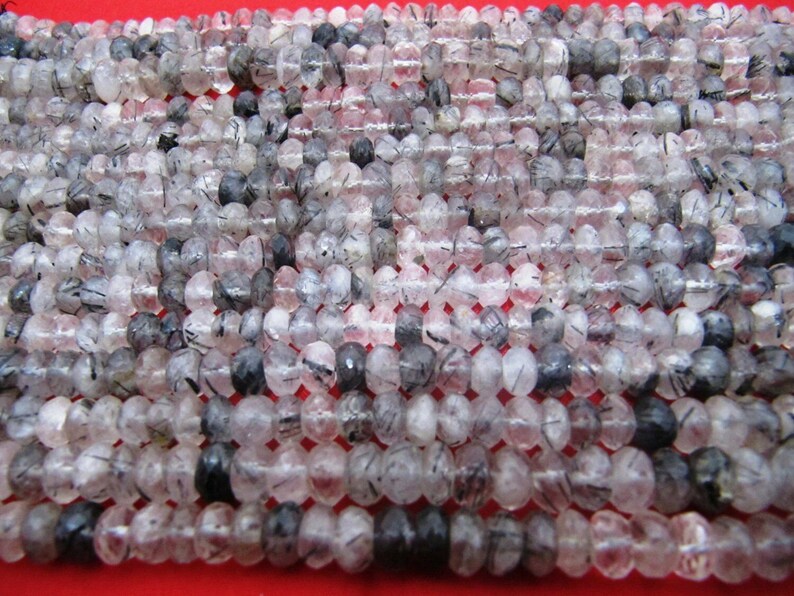 Natural Genuine Black Rutilated Quartz Rondelle Faceted Beads Size 7-8mm Sold per Strand of 13inch Long