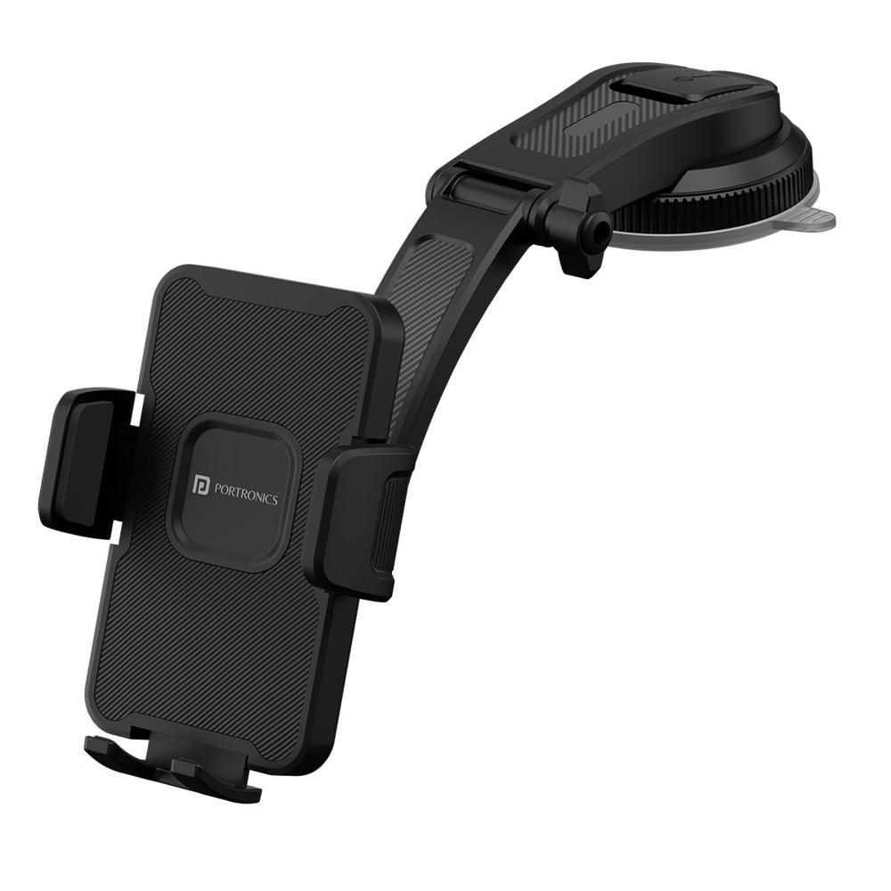 Portronics Clamp M5 Car Phone Holder Stand With Grip Rotation, - Color: Black