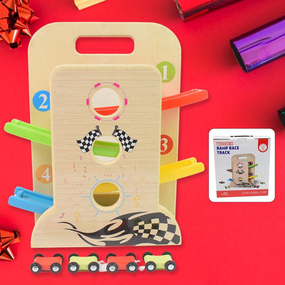 Wooden Ramp Racer Race Track Vehicle Play Sets With 4 Mini Racers (With Handle) - Material: Plastic