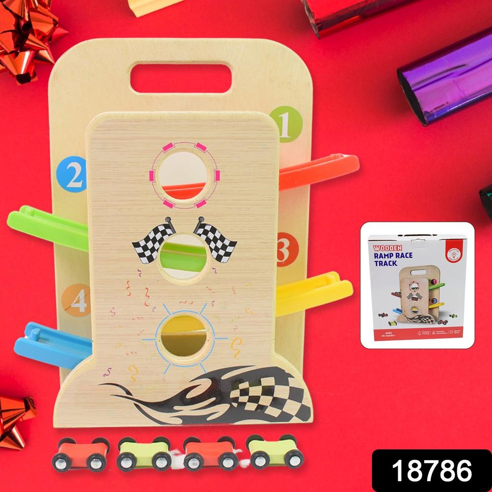 Wooden Ramp Racer Race Track Vehicle Play Sets With 4 Mini Racers (With Handle) - Material: Plastic