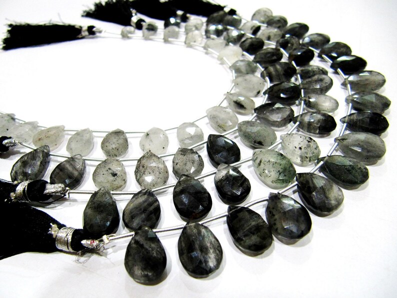 Natural Genuine Black Rutilated Quartz Pear Shape Beads 10x13 to 11x16mm Briolette Beads Strand 8 Inches Long