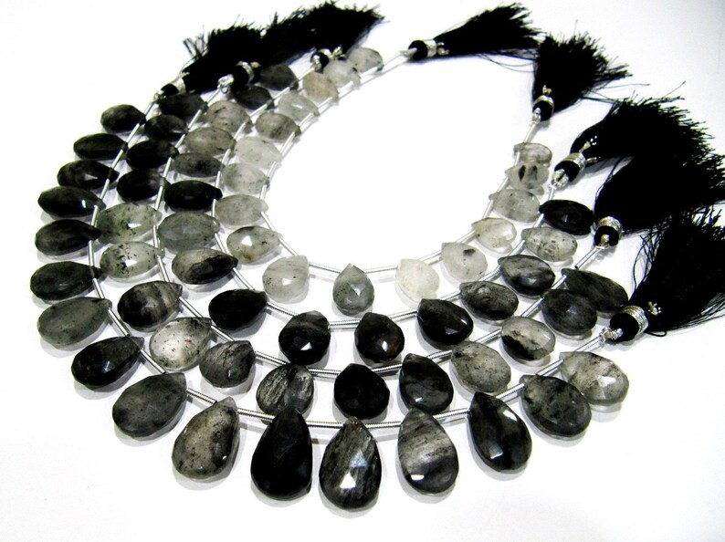 Natural Genuine Black Rutilated Quartz Pear Shape Beads 10x13 to 11x16mm Briolette Beads Strand 8 Inches Long