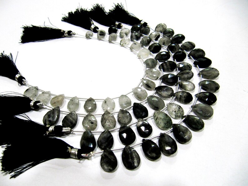 Natural Genuine Black Rutilated Quartz Pear Shape Beads 10x13 to 11x16mm Briolette Beads Strand 8 Inches Long