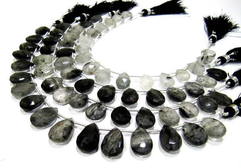Natural Genuine Black Rutilated Quartz Pear Shape Beads 10x13 to 11x16mm Briolette Beads Strand 8 Inches Long