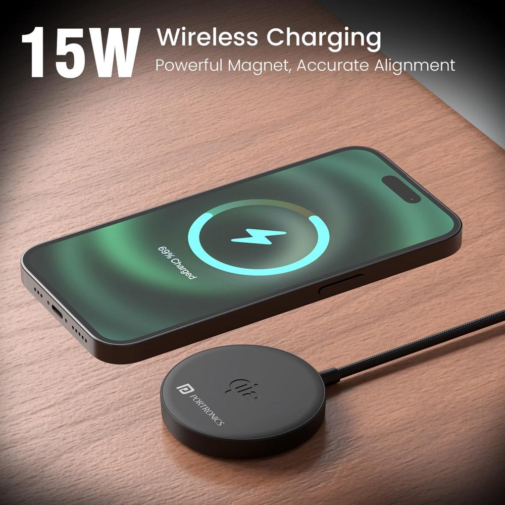 Portronics Quikk 15W Qi2 Certified Fast Charging Wireless Charger,