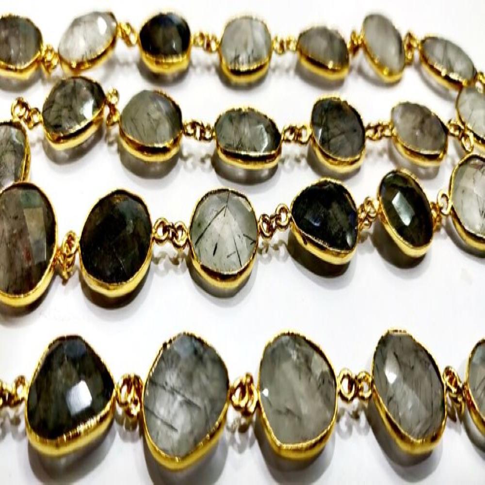 Black Rutilated Quartz Briolette Faceted Uneven Free Shape Size 10 to 15mm Bezel Connector Chain