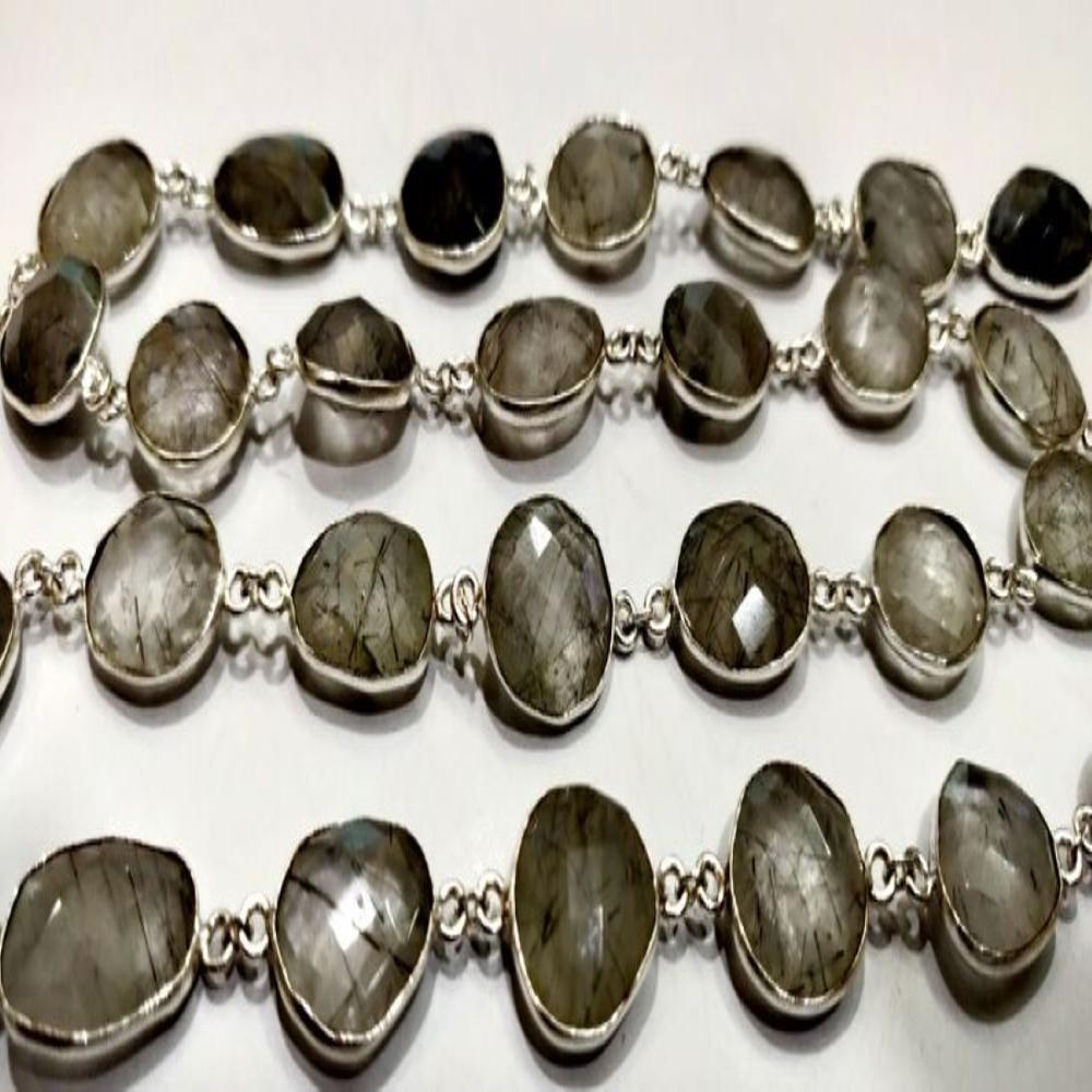 Black Rutilated Quartz Briolette Faceted Uneven Free Shape Size 10 to 15mm Bezel Connector Chain