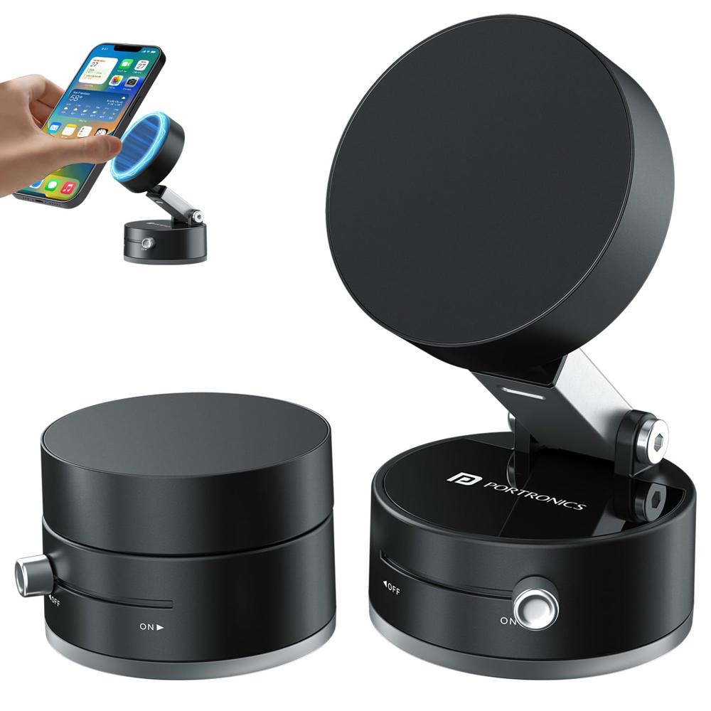 Portronics Hold X Magnetic Vacuum Suction Mobile Holder, Multiple Angle Adjustment, Retractable, Strong