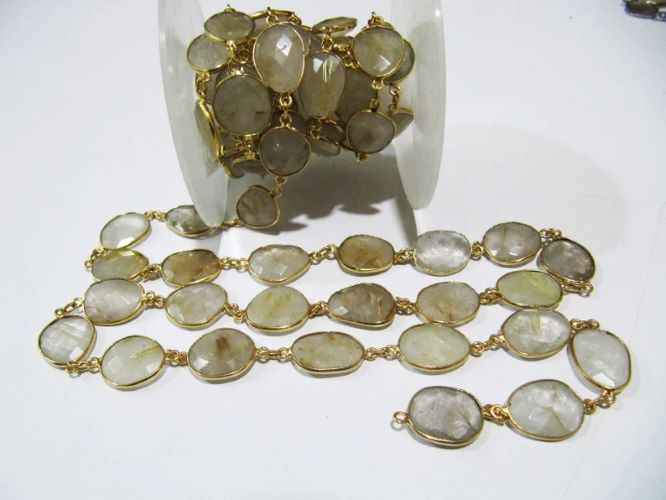 Natural Golden Rutilated Quartz Nugget Briolette Connector Chain Uneven Free Shape 12 to 17mm Sold Per Foot