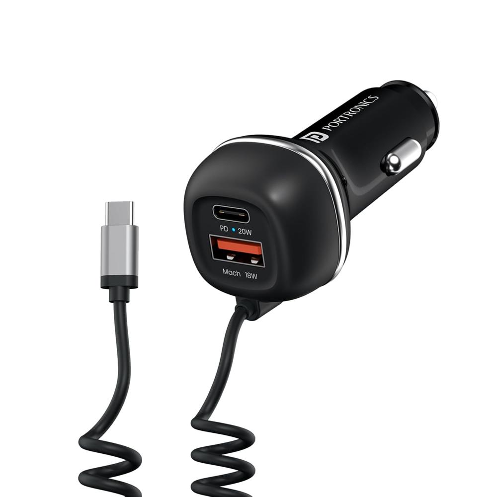 Portronics 71W Car Power 1C Triple Output Fast Car Charger with 33W Type-C Cable, 20W Type-C PD, 18W