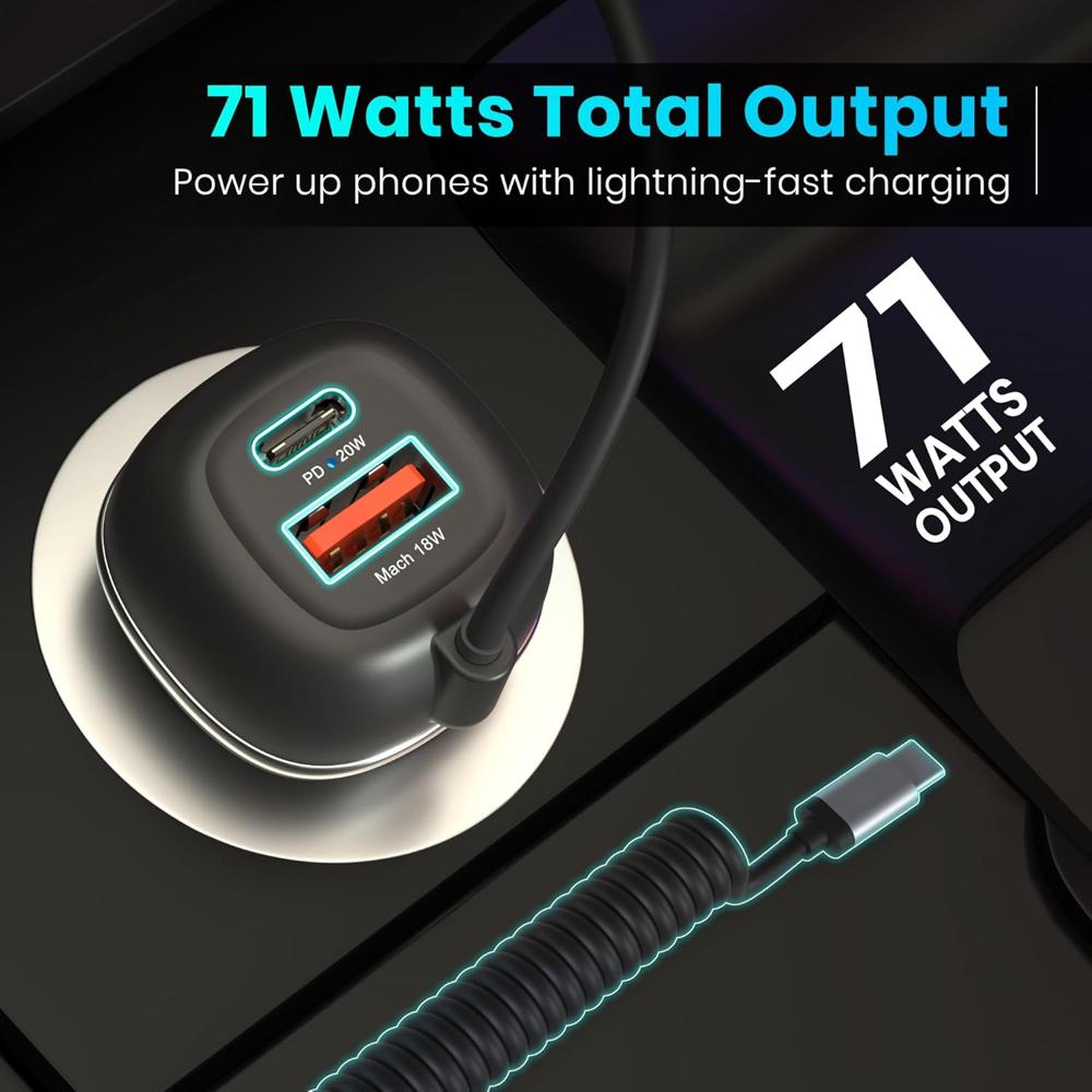 Portronics 71W Car Power 1C Triple Output Fast Car Charger with 33W Type-C Cable, 20W Type-C PD, 18W