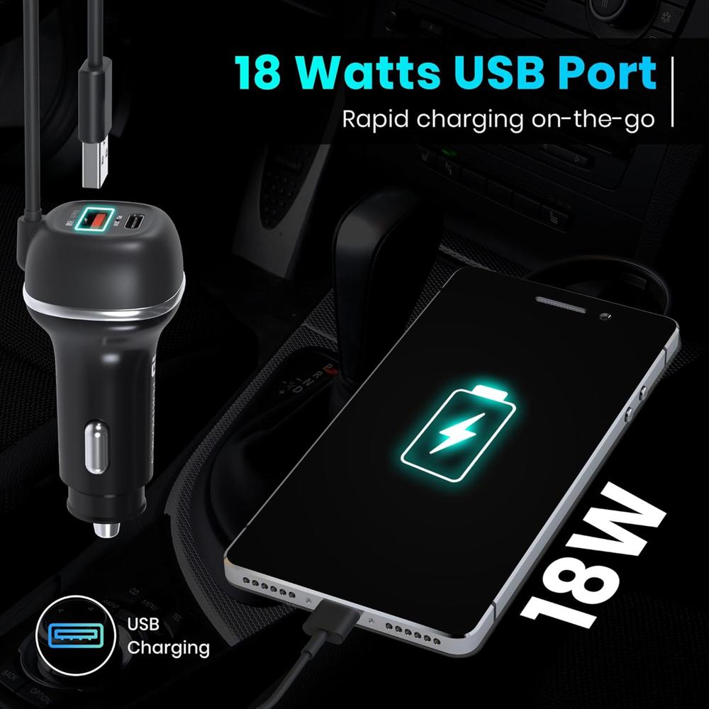 Portronics 71W Car Power 1C Triple Output Fast Car Charger with 33W Type-C Cable, 20W Type-C PD, 18W