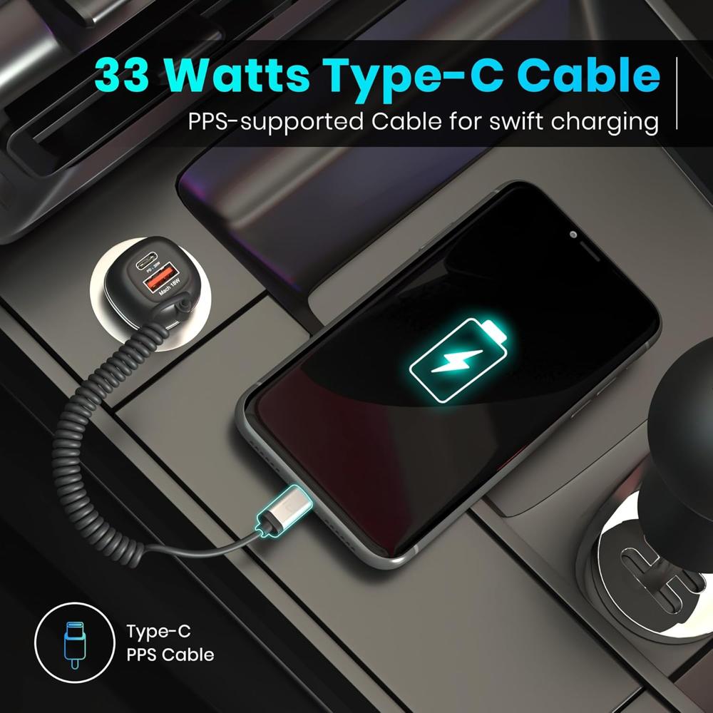 Portronics 71W Car Power 1C Triple Output Fast Car Charger with 33W Type-C Cable, 20W Type-C PD, 18W