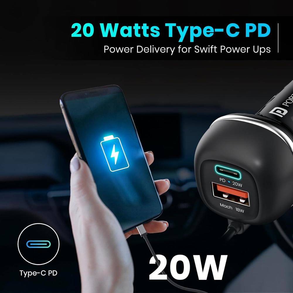 Portronics 71W Car Power 1C Triple Output Fast Car Charger with 33W Type-C Cable, 20W Type-C PD, 18W