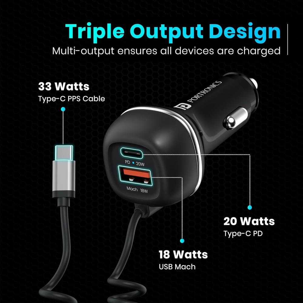 Portronics 71W Car Power 1C Triple Output Fast Car Charger with 33W Type-C Cable, 20W Type-C PD, 18W