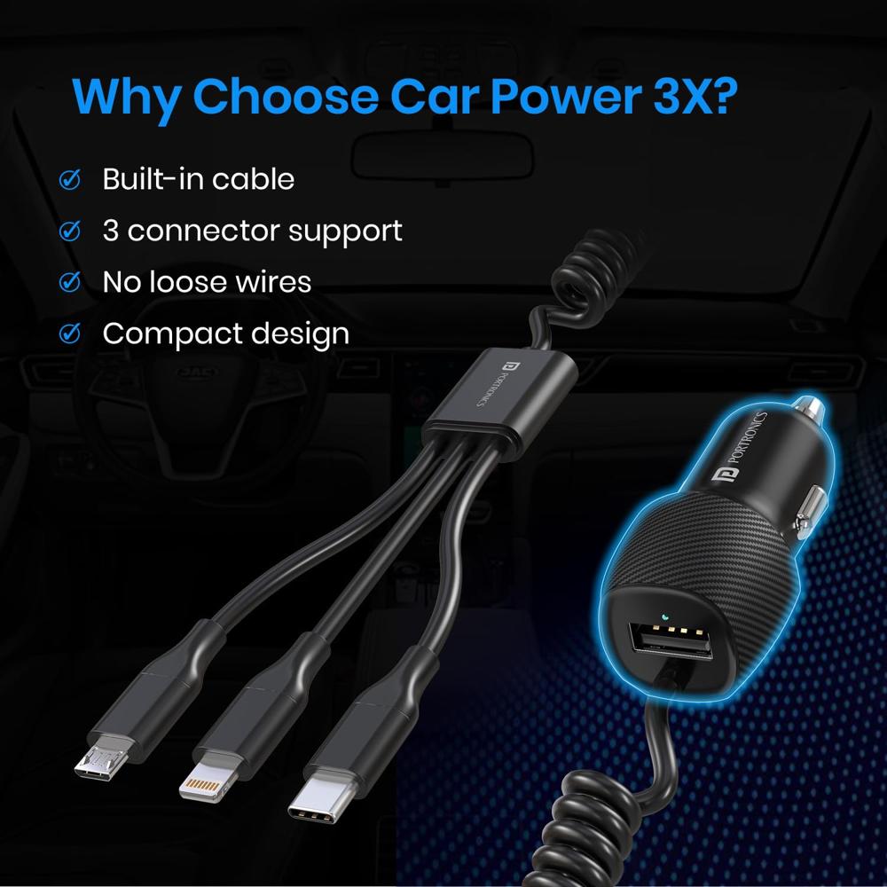 Portronics Car Power 3X, 17W Car Charger with 12W Built