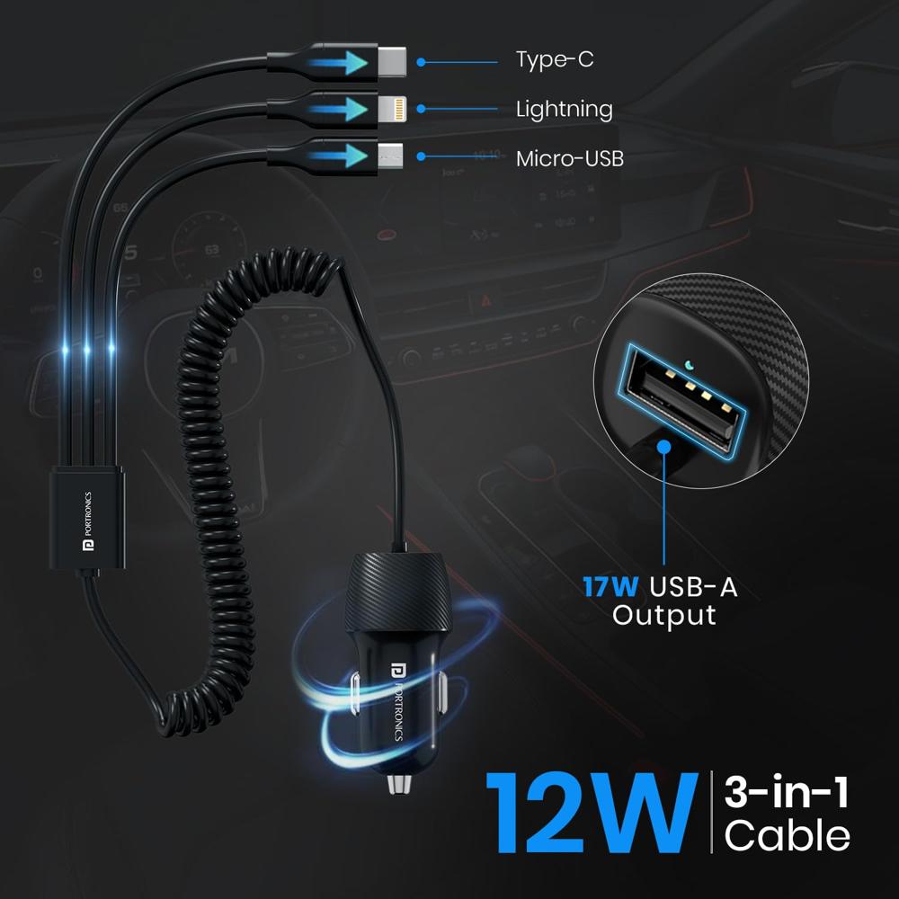 Portronics Car Power 3X, 17W Car Charger with 12W Built