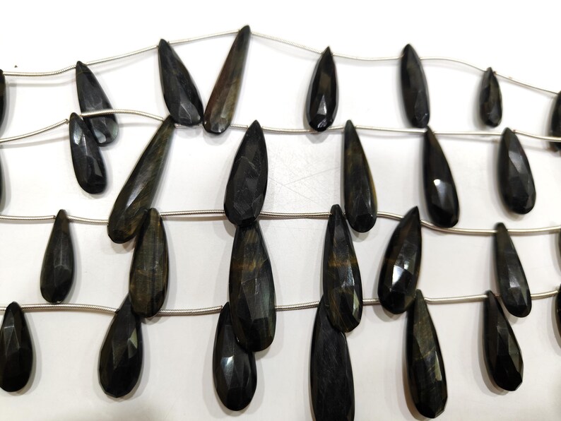 Natural Black Tiger Eye Briolette Faceted Beads 1 inch Long Sold per strand 8 inches long