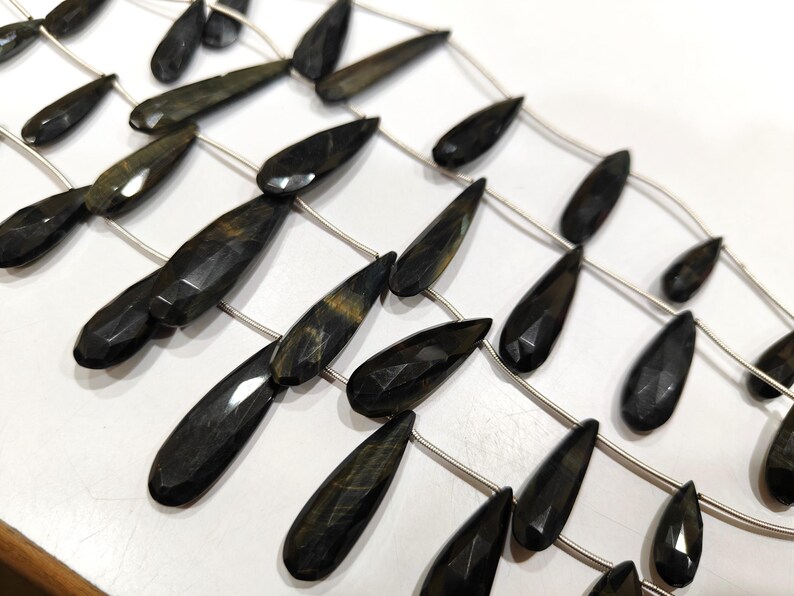 Natural Black Tiger Eye Briolette Faceted Beads 1 inch Long Sold per strand 8 inches long