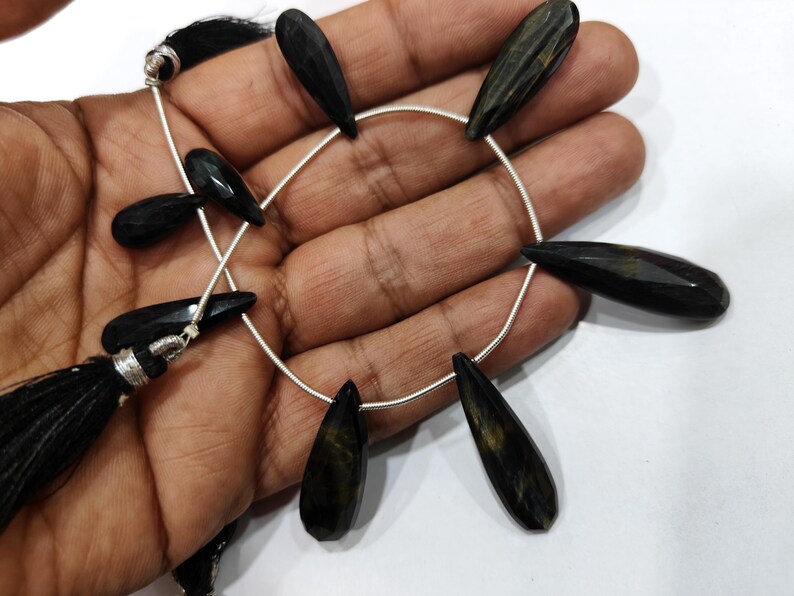 Natural Black Tiger Eye Briolette Faceted Beads 1 inch Long Sold per strand 8 inches long