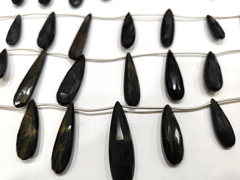 Natural Black Tiger Eye Briolette Faceted Beads 1 inch Long Sold per strand 8 inches long