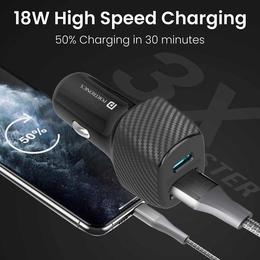 Portronics Car Power 6 51W Fast Car Charging Adapter with Dual Output Ports(PD Type C+ Mach USB-A)