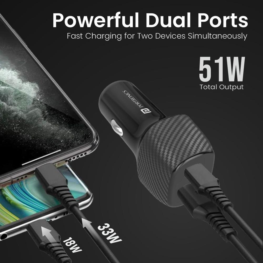 Portronics Car Power 6 51W Fast Car Charging Adapter with Dual Output Ports(PD Type C+ Mach USB-A)