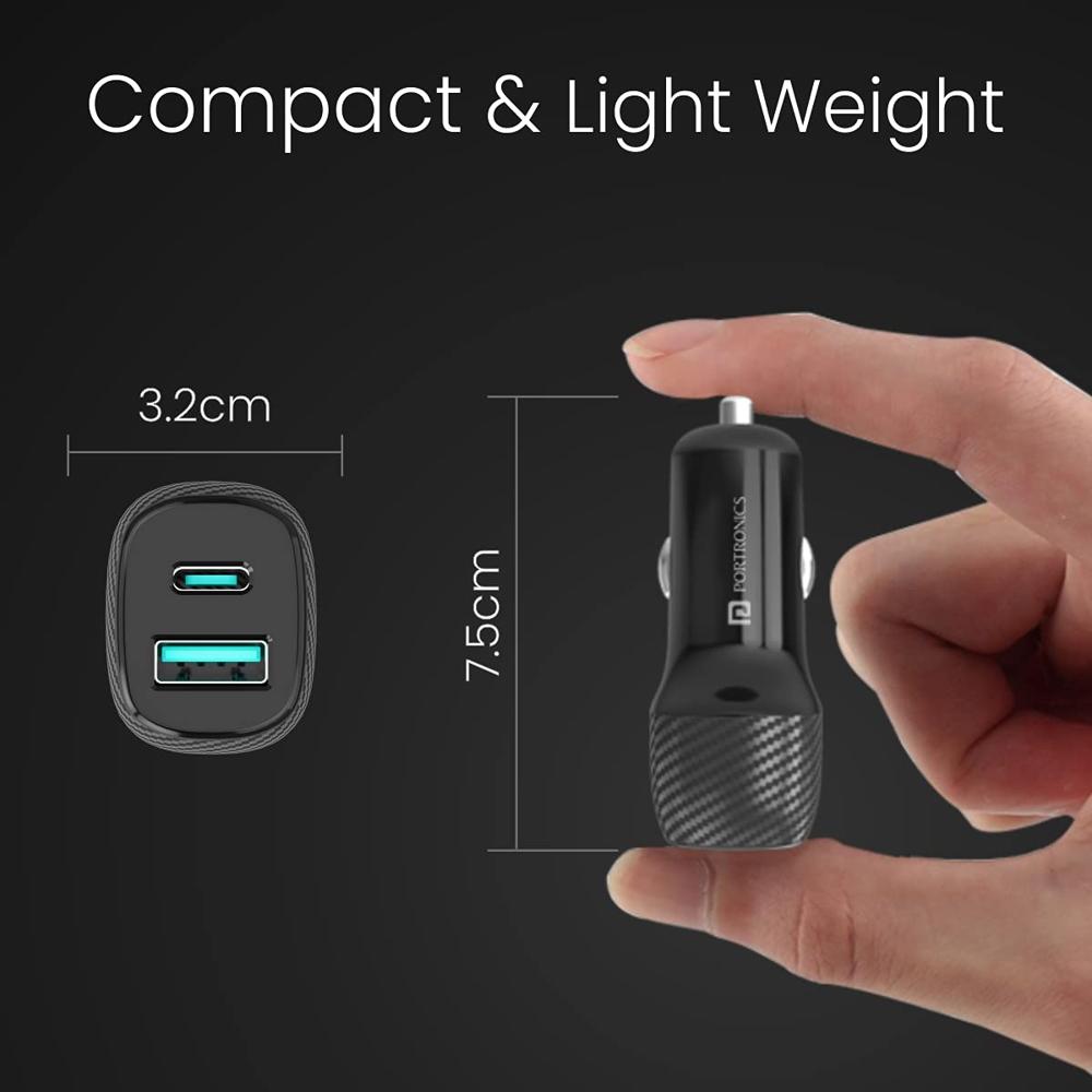 Portronics Car Power 6 51W Fast Car Charging Adapter with Dual Output Ports(PD Type C+ Mach USB-A)