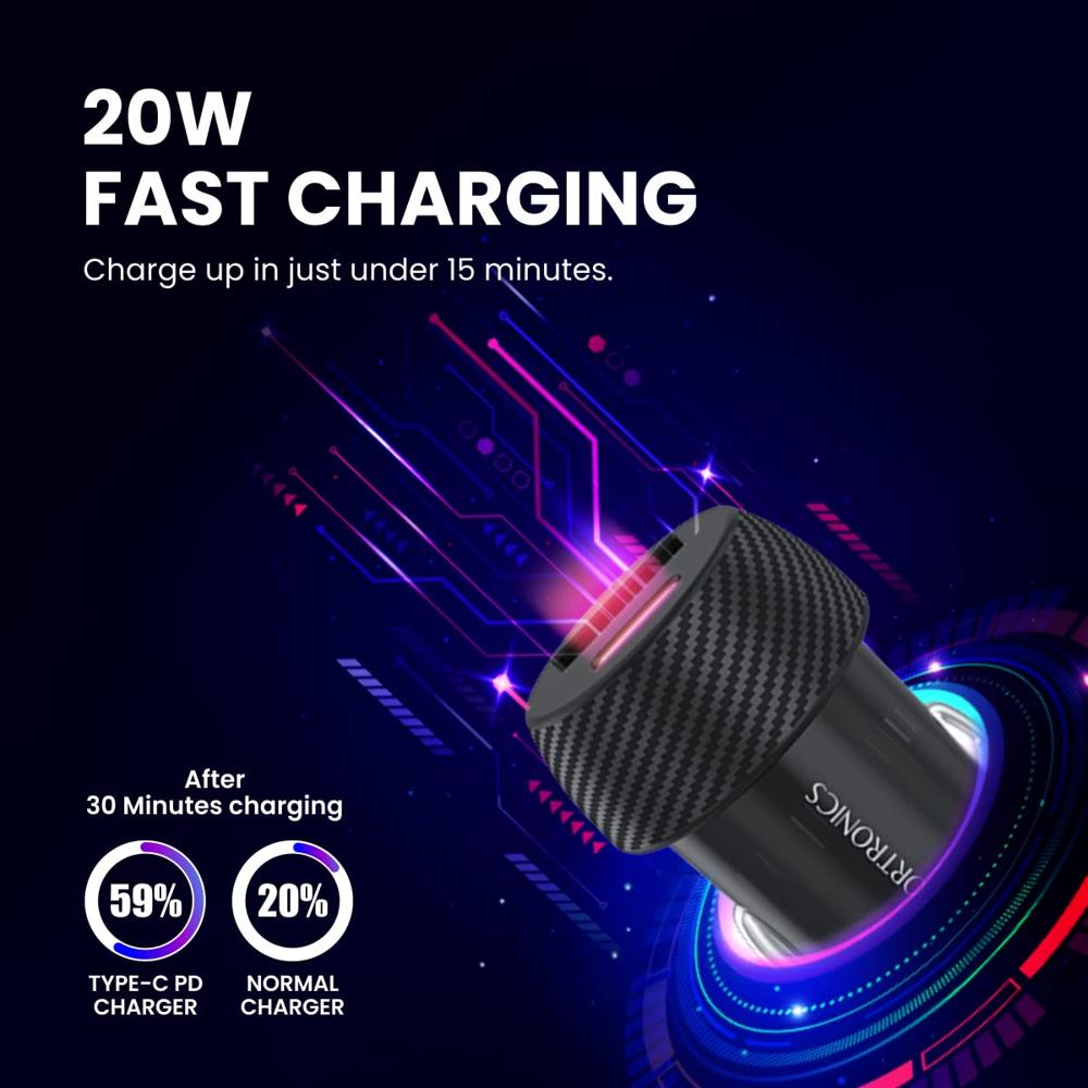 Portronics 20W Car Power 7 Car Charger with Dual Output (Type-C PD + USB)