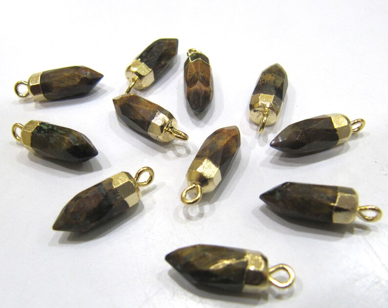 2 Piece Set Natural Tiger Eye Tiny Bullet Charm Pendant Single Loop Connector Charm Electroplated  0.5 Inch Long - Color: Brown