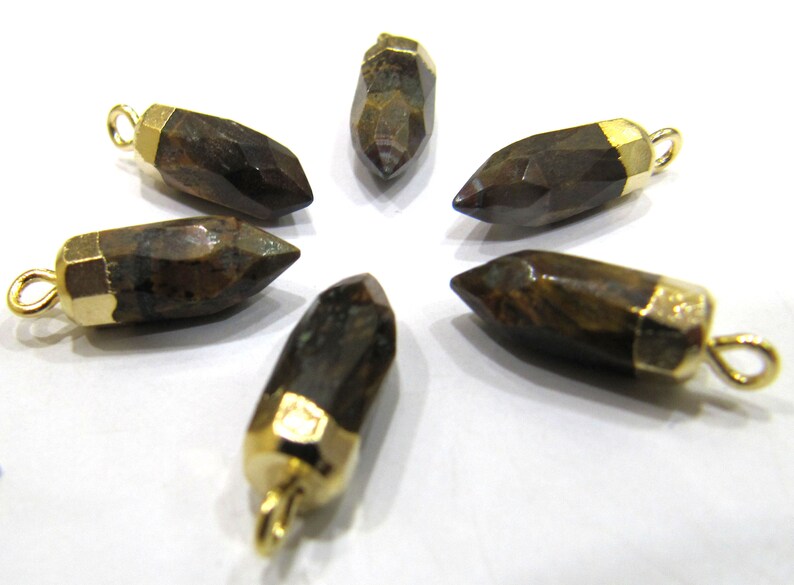 2 piece set Natural Tiger Eye Tiny Bullet Charm Pendant Single Loop Connector Charm Electroplated  0.5 inch long