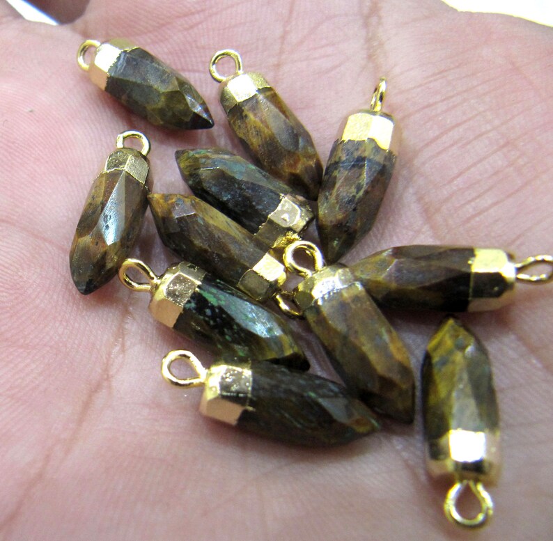 2 piece set Natural Tiger Eye Tiny Bullet Charm Pendant Single Loop Connector Charm Electroplated  0.5 inch long
