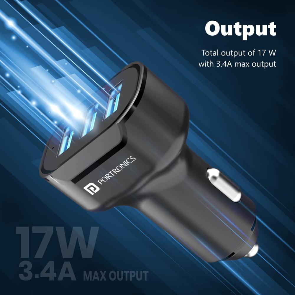 Portronics 17W Car Power 11 Car Charger with Triple Output, 17