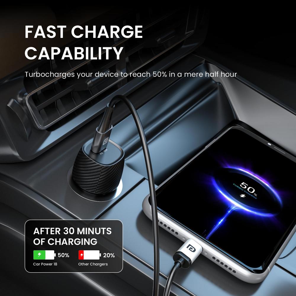 Portronics Car Power 18 Car Charger Adapter with 20W PD Type C Port Fast Charging Compatible with iPhones,