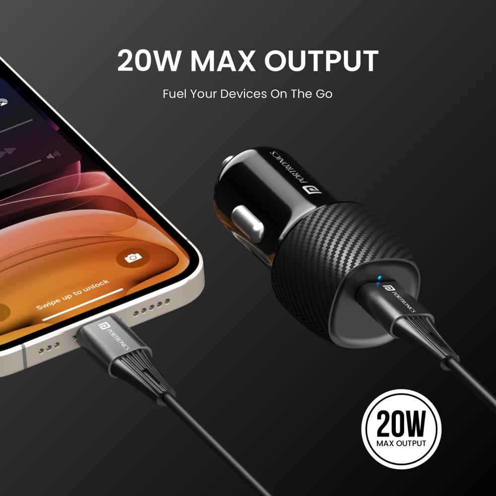 Portronics Car Power 18 Car Charger Adapter with 20W PD Type C Port Fast Charging Compatible with iPhones,